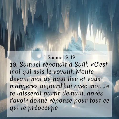 Segond21 1 Samuel  ; image nature: image avec le verset biblique :Samuel répondit à Saül: «C&#039;est moi qui suis le voyant. Monte devant moi au haut lieu et vous mangerez aujourd&#039;hui avec moi. Je te laisserai partir demain, après t&#039;avoir donné réponse pour tout ce qui te préoccupe. ;  ; 9:19