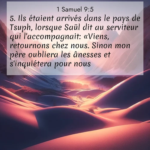 Segond21 1 Samuel  ; image nature: image avec le verset biblique :Ils étaient arrivés dans le pays de Tsuph, lorsque Saül dit au serviteur qui l&#039;accompagnait: «Viens, retournons chez nous. Sinon mon père oubliera les ânesses et s&#039;inquiétera pour nous.» ;  ; 9:5