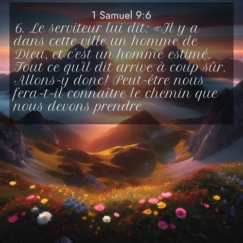 Segond21 1 Samuel  ; image nature: image avec le verset biblique :Le serviteur lui dit: «Il y a dans cette ville un homme de Dieu, et c&#039;est un homme estimé. Tout ce qu&#039;il dit arrive à coup sûr. Allons-y donc! Peut-être nous fera-t-il connaître le chemin que nous devons prendre.» ;  ; 9:6