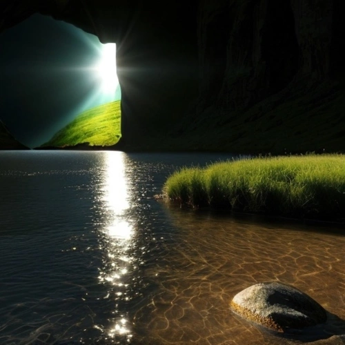 Genesis Creation, exploring Creation Day 1 minimalistic theme elements light, water and earth.  AI generated image.