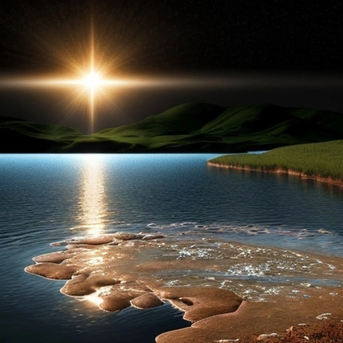 Genesis Creation, exploring Creation Day 1 minimalistic theme elements light, water and earth.  AI generated image.