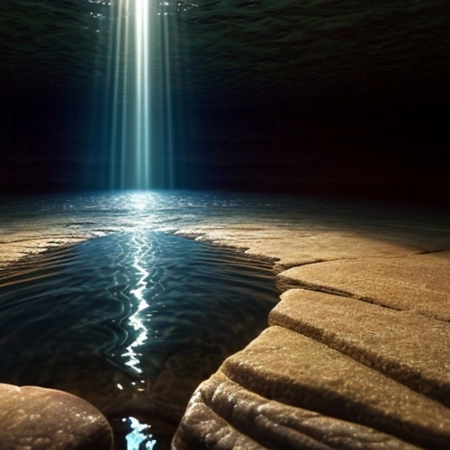 Genesis Creation, exploring Creation Day 1 minimalistic theme elements light, water and earth.  AI generated image.