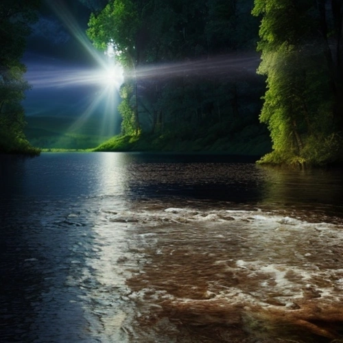 Genesis Creation, exploring Creation Day 1 minimalistic theme elements light, water and earth.  AI generated image.