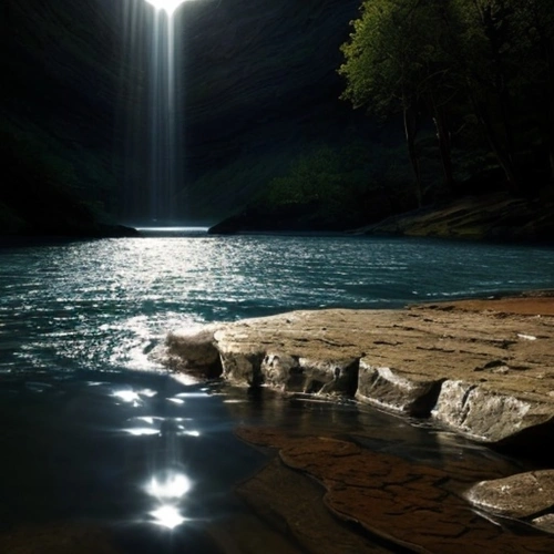 Genesis Creation, exploring Creation Day 1 minimalistic theme elements light, water and earth.  AI generated image.