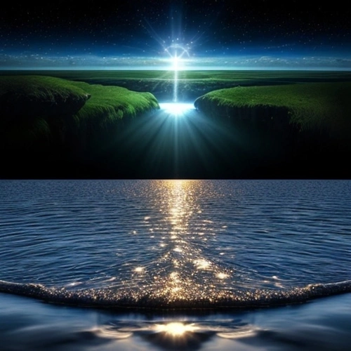 Genesis Creation, exploring Creation Day 1 minimalistic theme elements light, water and earth.  AI generated image.