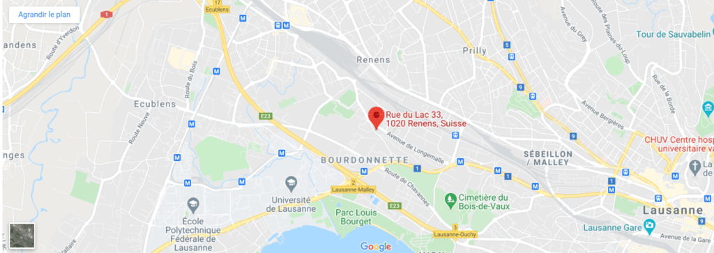Google map avec l'endroit de l'église AB Renens  en rouge (Rue du Lac 33, 1020 Renens, Suisse)