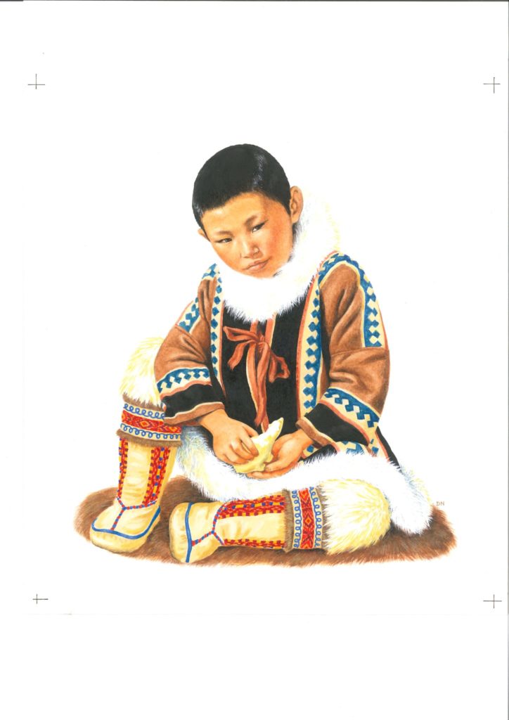 Danielle Nussbaumer dessin à a main en couleur / crayon : enfin asiatique en tenu traditionel