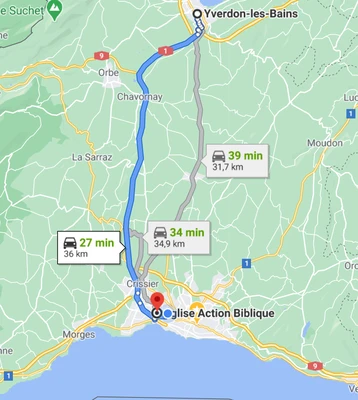 acces_eglise_lausanne_en_voiture_depuis_Yverdon carte pour accédere à l'église depuis Yverdon