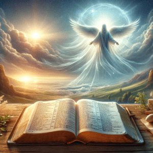 image symbolique pour Dieu veille sur sa parole, Bible ouverte avec ange dans le fond