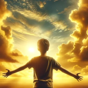 enfant qui regarde le ciel, pour symboliser la question qu'advient-il des jeunes enfants décédés.