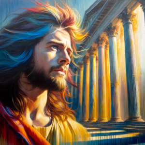 généré par IA, peinture de Samson et le temple.  Série de #prédications sur les #Hébreux.  Titlre du message "Samson, la foi contre tous" 