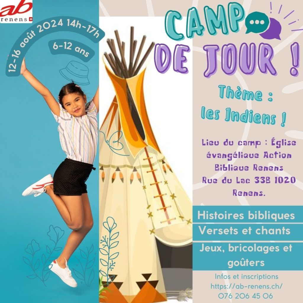 flyer camp des jeunes / enfants 5-12 le 12-16 Août 2024 thème les indient, sur l'affiche les infos pour le camp, une fille indienne qui dans et un tipee pour symboliser les indiens.