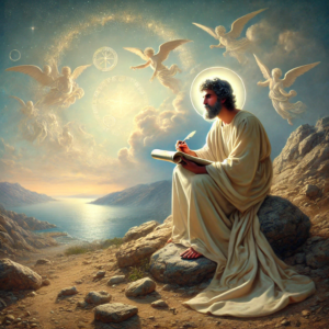 Depiction of Apostle John on the island of Patmos, receiving visions for the Book of Revelation." This image illustrates the context of John's exile and his significant role as the author of the last book in the New Testamen