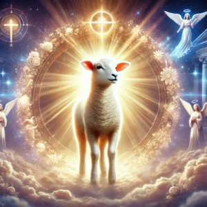 A symbolic representation of the Lamb of God as described in Revelation, representing Christ's sacrifice and victory." This emphasizes the recurring theme of Christ as the Lamb in John's writings, central to the prophetic vision of Revelation.