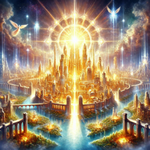 An artistic portrayal of the New Jerusalem, the ultimate city of light and salvation described in <a href='https://ab-renens.ch/bible-study-tools-multilingual-verse-in-various-versions/?book=66&chapter=2&verse=1' target='_self'>Revelation 21</a>." This image connects to the theme of light versus darkness discussed in both the Gospel of John and the Book of Revelation. It emphasizes the eternal peace and holiness associated with God's glory in the heavenly city