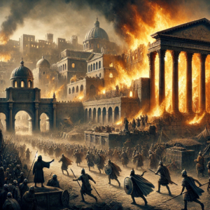 An artistic depiction of the destruction of Jerusalem by Roman soldiers in 70 AD. This image illustrates the fulfillment of the biblical prophecy of Israel's exile and scattering as described in <a href='https://ab-renens.ch/bible-king-james-version-kjv/?book=5&chapter=28'>Deuteronomy 28:64 </a>.