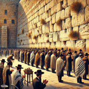 image depicting Jewish people praying at the Western Wall in Jerusalem, symbolizing their spiritual connection to history and future prophecy, as related to <a href='https://ab-renens.ch/bible-king-james-version-kjv/?book=38&chapter=12'>Zechariah 12:10 </a>.