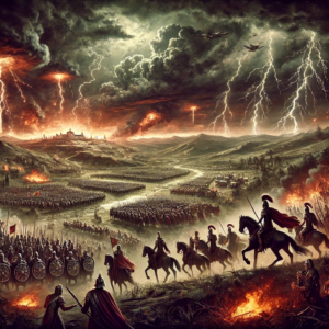 An illustration depicting the battle of Armageddon, where all nations gather against Jerusalem as prophesied in <a href='https://ab-renens.ch/bible-king-james-version-kjv/?book=38&chapter=14'>Zechariah 14:2 </a>. This scene reflects future biblical events concerning Israel’s destiny.