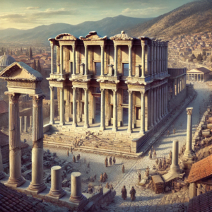 An artistic rendering or historical reconstruction of Ephesus, focusing on the Temple of Domitian, showcasing the significance of emperor worship during his reign.