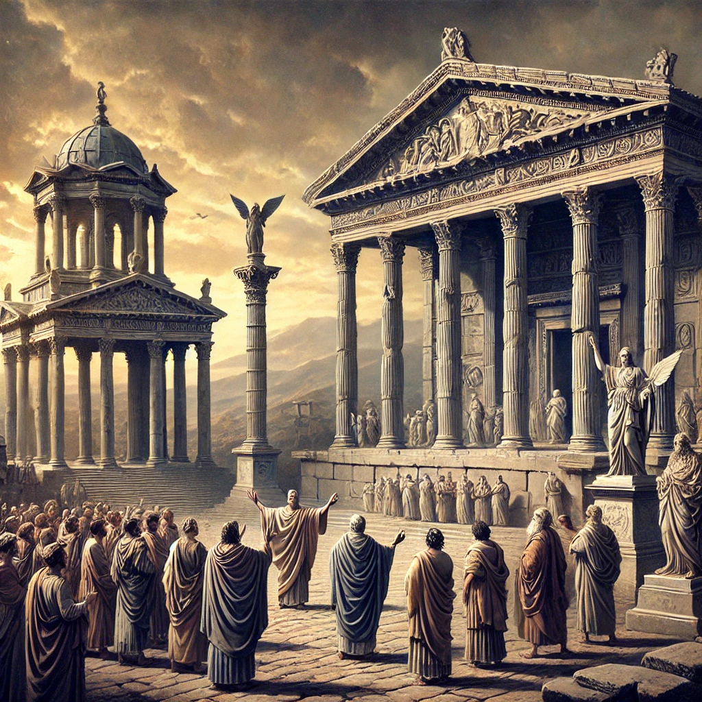 An artistic representation of Pergamum, showcasing its impressive temples dedicated to various gods, including the Temple of Jupiter. In the foreground, a group of early Christian believers is depicted in prayer, embodying their steadfast faith in Jesus amidst the temple's pagan influences. This image relates to the article 'Revelation: The Church of Compromise,' highlighting the tension between early Christians' devotion and the challenges posed by the surrounding idolatry. The visual metaphorically underscores the call for spiritual vigilance and repentance as they strive to maintain their biblical truths despite societal pressures.