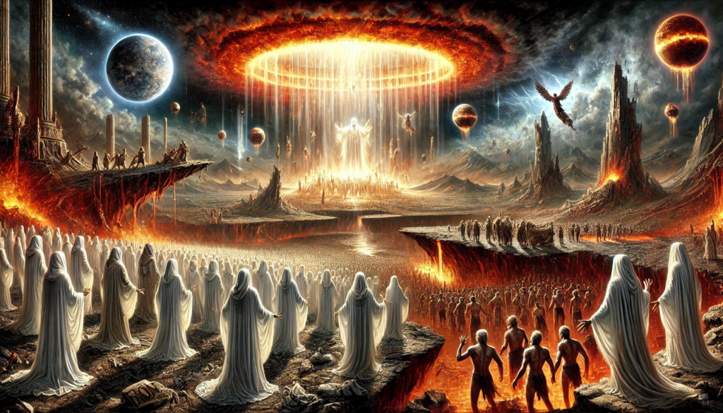 A vivid apocalyptic scene inspired by the fifth and sixth seals from the Book of Revelation. In the foreground, the souls of martyrs, dressed in white robes, gather beneath a heavenly altar, their faces raised as they cry out for divine justice. Above them, the sky darkens: the sun turns black, the moon becomes blood-red, and stars fall like burning embers. In the distance, mountains crumble and islands shift violently as people from all walks of life—kings, generals, and commoners—flee in terror, seeking shelter in caves, desperate to escape the impending wrath of the Lamb.