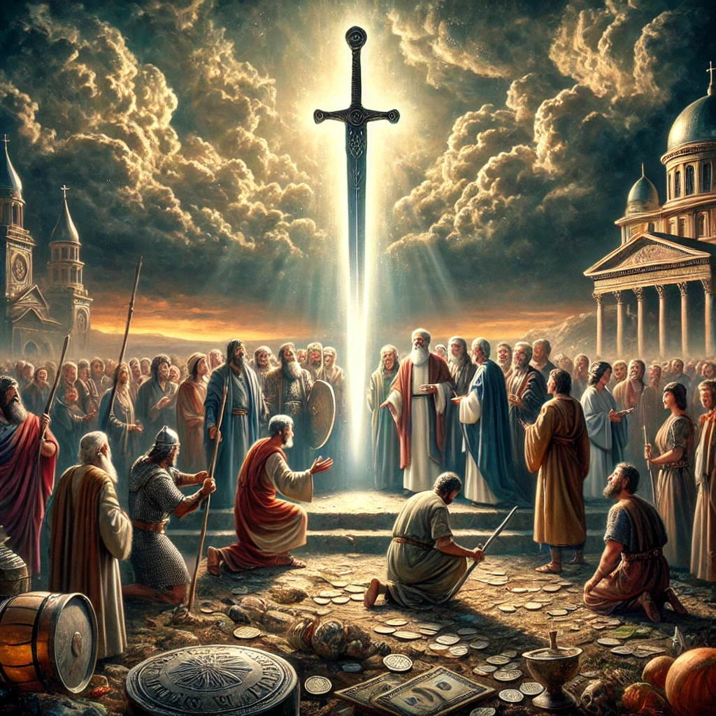 The image illustrates a biblical scene of the church in Pergamum, featuring believers united in their faith against the looming threat of compromise symbolized by shadowy figures representing the doctrines of Balaam and the Nicolaitans. Central to the composition is a radiant sword, illuminated by divine light, signifying the call to persevere and uphold spiritual integrity. The backdrop serves as a reminder of the ongoing struggle against idolatry and sin, aligning with the article's themes of vigilance, repentance, and the importance of maintaining a distinct Christian identity amid worldly influences.