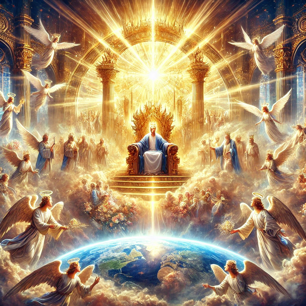Eine Darstellung des himmlischen Raums, in dem der siebte Engel die Posaune ertönen lässt, um die Errichtung des Reiches Christi zu verkünden. Die Szene zeigt die Ankunft des Messias als Triumph über die Welt, begleitet von Lichtstrahlen und symbolischen Abbildungen himmlischer Chöre, die die ewige Herrschaft Christi ankündigen, wie in Offenbarung Kapitel 11 beschrieben.