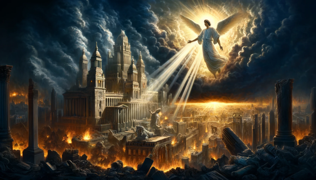 Ein Engel mit strahlendem Licht verkündet das Gericht über Babylon, die brennende Stadt, Symbol für den globalen Wohlstand und das rebellische Weltsystem, das in <a href='https://ab-renens.ch/online-bible-luther/?book=66&chapter=18'>Offenbarung 18 </a> durch göttliches Gericht zerstört wird.