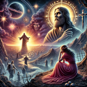 An illustration depicting the Lord's divine patience and call to repentance, with a compassionate figure symbolizing the Lord glowing above a dark landscape. A woman representing Jezebel is shown in the foreground, surrounded by symbols of temptation, while in the background, a bright morning star rises, symbolizing hope and the promise of redemption. This image captures the themes of loyalty to God, the consequences of immorality, and the exhortation to hold firm to faith as outlined in the article about the patience of the Lord and His promises for the faithfu