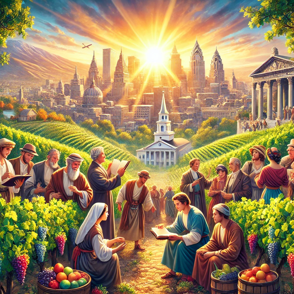 An illustration of ancient Philadelphia, showcasing its beautiful vineyards and architectural features, with a diverse group of individuals demonstrating brotherly love through community worship and acts of service. This image represents the main themes of faith and perseverance discussed in the article about the Church of Philadelphia, emphasizing the call to embody holiness and love as a reflection of Christ's teachings. The warm sunset symbolizes hope and the rich legacy of faithfulness that marks this church and churches worldwide.