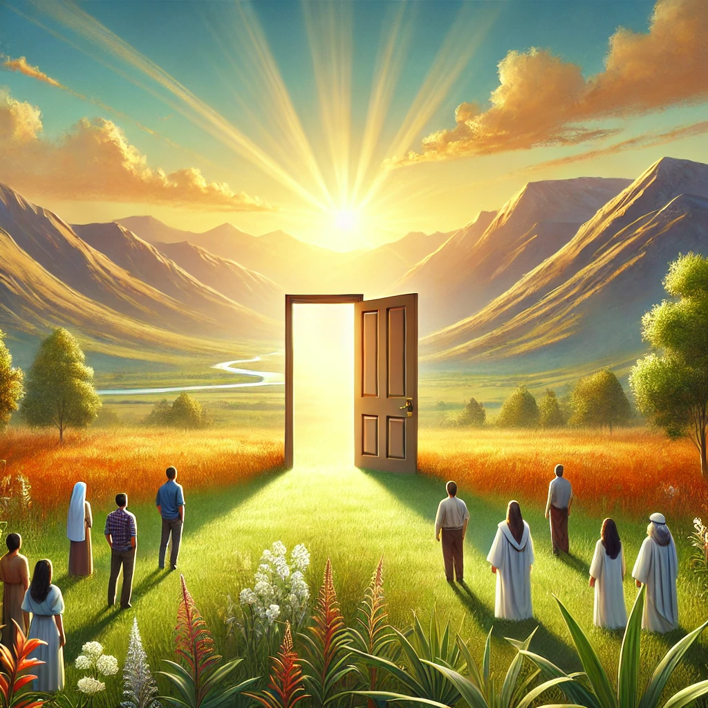 An evocative scene of an open door in a vibrant field signifies the theme of perseverance and faith from the sermon. The door, slightly ajar and glowing with warmth, symbolizes the opportunities and hope given by the Lord, as highlighted in the scripture from the church of Philadelphia. The diverse figures in the foreground embody the community of believers united in faith as they look towards the possibilities that lie beyond the door, illustrating the message of loyalty, grace, and the enduring strength found in trusting God amidst adversity.