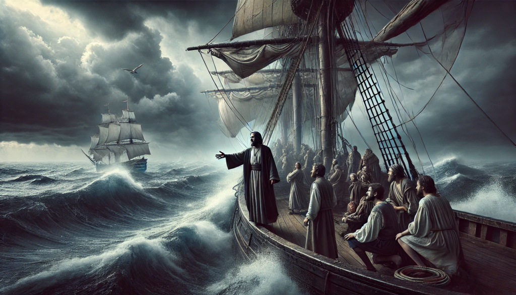 Ein Segelschiff kämpft gegen starke Wellen im Sturm; eine Szene aus <a href='https://ab-renens.ch/online-bible-luther/?book=44&chapter=27'>Apostelgeschichte 27 </a>, die die Unsicherheiten des Lebens und das Vertrauen in Gottes Führung zeigt.