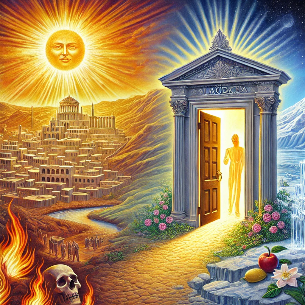 An artistic illustration of the Church of Laodicea, showcasing a contrasting landscape of heat and coolness, symbolizing lukewarm faith. A door slightly ajar emits a warm light, representing Christ’s invitation for renewal and deeper fellowship. The foreground includes symbols of spiritual blindness, like closed eyes, juxtaposed with elements of renewal such as gold and white garments. This image encapsulates the article’s themes of love, perseverance, and the urgent call for the Laodiceans to awaken from their complacency and deepen their relationship with Christ.