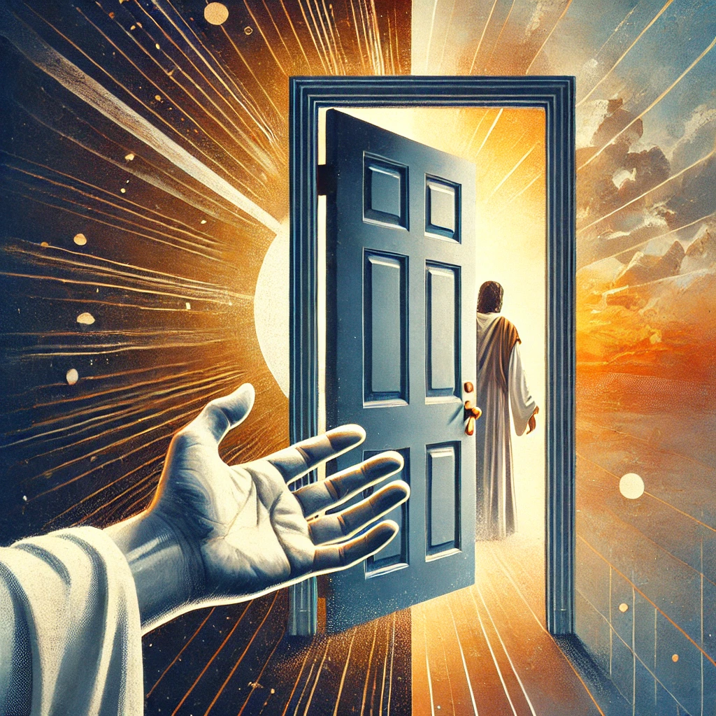 An illustration showing a hand reaching out to open a door, symbolizing Jesus' invitation for personal communion. The contrasting elements of bright light on one side and shadowy hues on the other represent the themes of genuine faith versus lukewarm indifference. This image reflects the article's discussion of the church of Laodicea's spiritual condition and the Lord’s urgent call for believers to open their hearts and respond to Him, embracing the love and faith that leads to salvation.