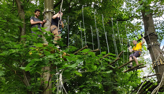 people having fun and playing in the trees during a summer camp, illustrates the JAB summer camps