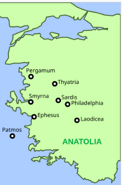 Map of western Anatolia showing the island Patmos and the locations of the cities housing the seven churches answering the first question in the series