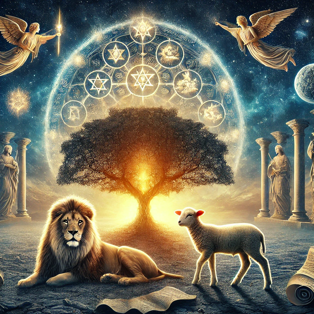 An artistic representation of key symbols from the Book of Revelation, featuring a majestic Lion symbolizing Christ as the Lion of Judah, a serene Lamb representing sacrifice, and a tree of life, all amidst stars that represent the angels of the churches. This image visually captures the central themes of symbolism and biblical prophecy discussed in the article, highlighting the important imagery used in the Apocalypse to convey profound truths about God's nature and the fulfillment of biblical prophecy.