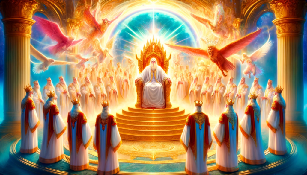 A vivid depiction of the heavenly throne room from the Book of Revelation, showing God's throne at the center, surrounded by 24 elders in white robes with golden crowns, along with four diverse living creatures. A scroll with seven seals rests before the throne, highlighting themes of divine authority, holiness, and redemption. The radiant, awe-inspiring scene captures the heavenly worship described in Revelation chapters 4 and 5.