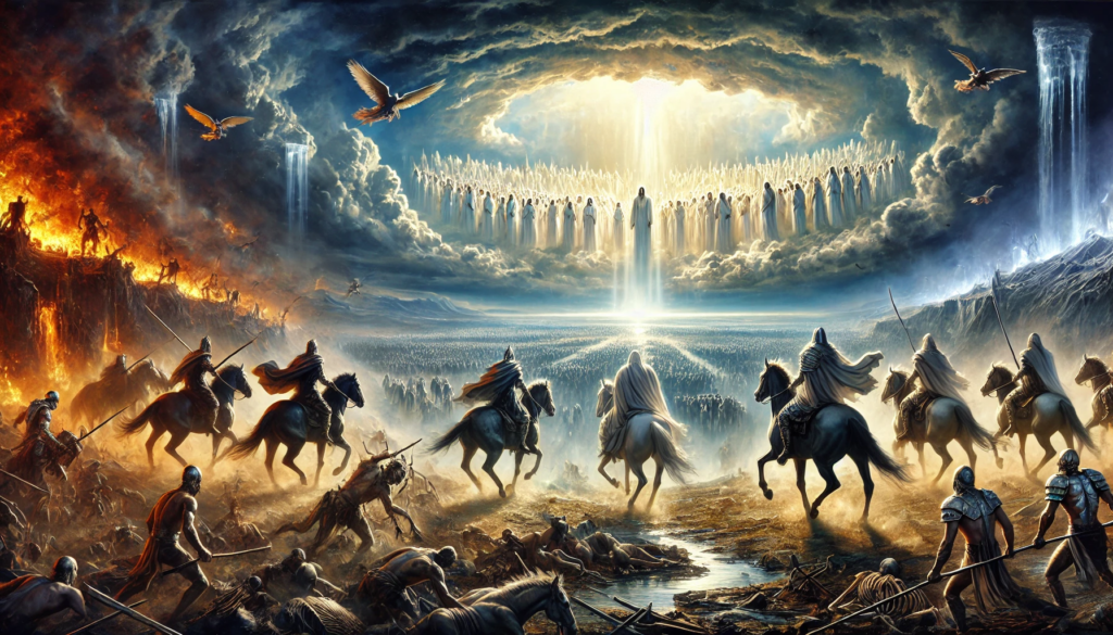 An image depicting the Four Horsemen of the Apocalypse, representing conquest, war, famine, and death, riding across a barren landscape, as described in Revelation Chapter 6. In the background, a peaceful crowd clothed in white robes stands before a glowing throne, symbolizing the 144,000 and the Great Multitude from Revelation Chapter 7. This image captures the contrast between the chaos of judgment and the serene gathering of the faithful.