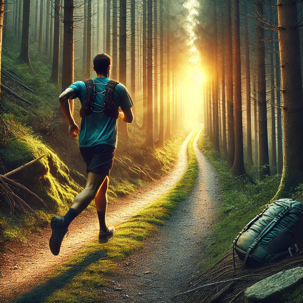 A determined runner on a narrow forest trail at sunset, symbolizing the journey of faith, sheds a backpack behind, symbolizing the removal of unnecessary burdens. The runner focuses on the inviting light ahead, representing perseverance, discipline, and a focused pursuit of spiritual goals amidst life's distractions.