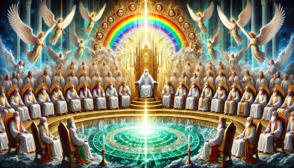 A majestic scene depicting the heavenly throne as described in Revelation 4, with a central throne surrounded by twenty-four elders wearing white robes and gold crowns, each sitting on smaller thrones. Encircling the main throne is a radiant rainbow with an emerald glow, and before it lies a sea of crystal-clear glass. Seven golden lamps burn brightly, symbolizing the seven spirits of God. Surrounding the throne are four extraordinary creatures: a lion, an ox, a human face, and an eagle in flight, all covered with eyes and wings, representing perpetual worship and the omniscience of God.