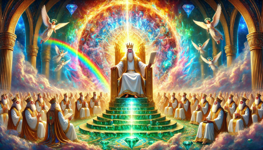 A heavenly scene with a radiant throne surrounded by a vibrant, jewel-like rainbow. God, represented by a powerful figure, holds a scroll sealed with seven seals. In front of Him stands a lamb symbolizing Jesus, marked with seven horns and eyes, surrounded by worshipping angels and 24 elders dressed in white robes and golden crowns, all amidst a luminous, celestial atmosphere representing divine glory and reverence. This scene illustrates the heavenly adoration of Christ, the Lamb, who alone is worthy to open the scroll in Revelation Chapter 5.