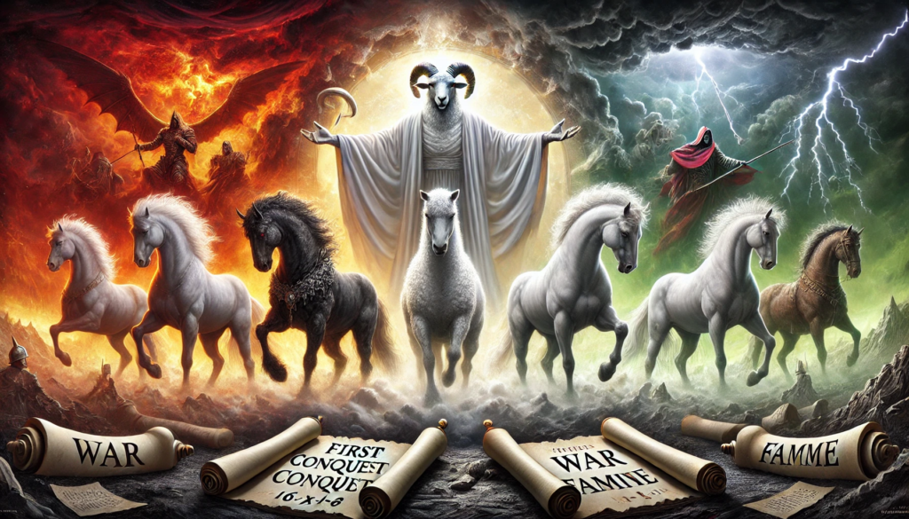 An illustration depicting Revelation 6:1-8 from the Bible, where a majestic Lamb opens the first six seals, revealing the Four Horsemen of the Apocalypse. Each horseman rides a distinctively colored horse: white for conquest, red for war, black for famine, and pale green for death, symbolizing the sequential judgments of God. The Lamb, representing Christ, stands central with scrolls, surrounded by apocalyptic storm clouds, conveying the intensity of divine judgment and prophetic significance in the Book of Revelation.