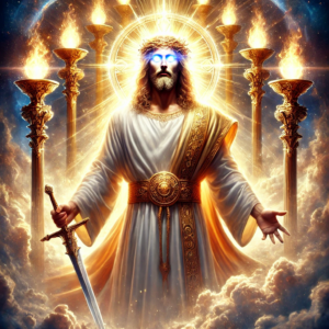 
**Alt Text:**
An artistic representation of the glorified Jesus Christ from the Book of Revelation, standing amidst seven golden lampstands. Clad in a long robe and golden sash, His head and hair are white as wool, symbolizing purity and wisdom. His eyes blaze like flames, and His feet appear as molten bronze, indicating strength. A sharp two-edged sword comes from His mouth, representing His divine authority, while His face radiates like the sun. This image encapsulates the themes of humility, divine judgment, and the significance of Jesus's authority within Christianity, as explored in the accompanying article about John's vision and response to the glorified Christ.