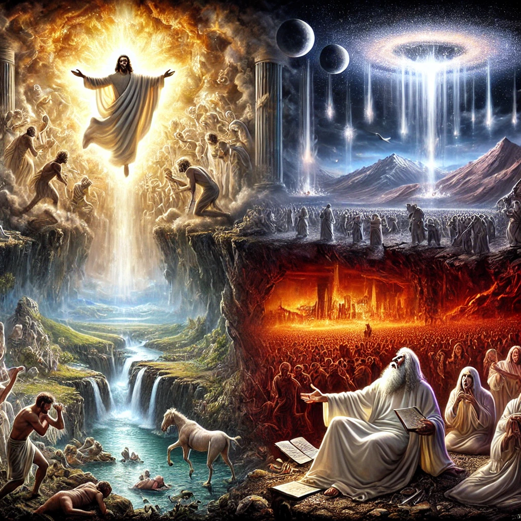 The image portrays a vivid scene from Revelation 6:9-17. In the upper section, a symbolic Lamb representing Jesus opens two seals of a scroll, surrounded by the souls of martyrs in white robes. Below, catastrophic events unfold on Earth as the sun turns black, the moon glows red, earthquakes strike, and stars fall. People from all social classes hide in caves, seeking refuge from the impending divine wrath. The atmosphere is intense, capturing the essence of an apocalyptic moment in both heavenly and earthly realms.