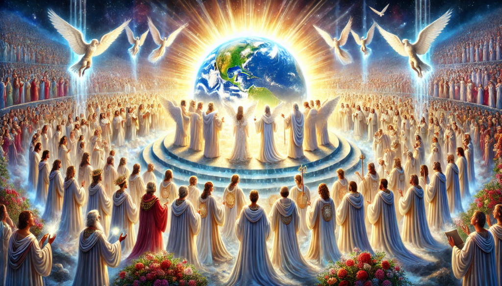 "Illustration of Revelation Chapter 7 depicting 144,000 sealed saints from the tribes of Israel on Earth, surrounded by angels who hold back the winds, with a multitude of diverse nations worshipping before God's throne. The central figure is the Lamb, symbolizing Jesus Christ, amidst a celestial scene bathed in divine light, representing God's protection and the promise of salvation."







