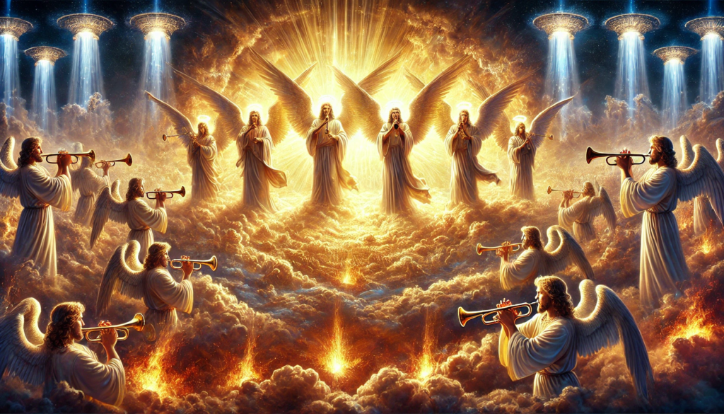 Illustration inspired by Revelation Chapter 8, showing seven angels with trumpets standing before God in a heavenly scene. The Lamb opens the seventh seal, and a profound silence fills the heavens, signifying the calm before the trumpet judgments. Radiant clouds and beams of divine light surround the scene, symbolizing the solemnity and anticipation before God's judgments are unleashed on earth. This image captures the reverent atmosphere of the moment, filled with divine presence and foreboding stillness.