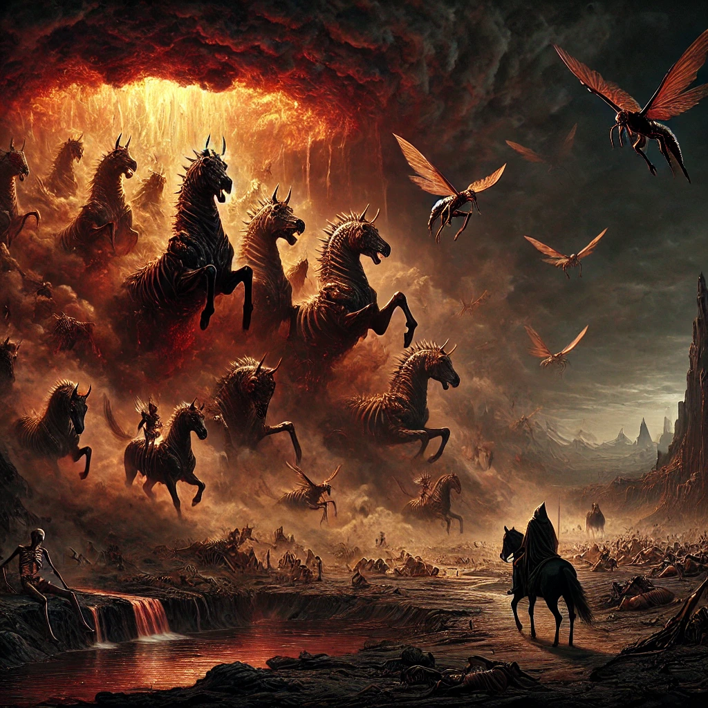 A dark, apocalyptic scene from Revelation 9:1-11 shows the Fifth Trumpet judgment, where demonic locusts emerge from the smoke-filled Abyss. The landscape is shrouded in smoke from a furnace-like pit, with the sun and sky obscured. These locusts are depicted as nightmarish creatures with horse-like bodies prepared for battle, human faces, golden crowns, long hair, lion-like teeth, and scorpion tails. They swarm ominously, while terrified humans without divine seals on their foreheads look on, illustrating the chaos and despair of this judgment. The scene emphasizes the intensity and supernatural horror of this biblical event.