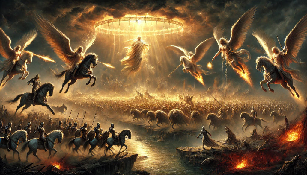 A dramatic portrayal of the sixth trumpet judgment from the Book of Revelation. Four angelic figures are released near the Euphrates River, summoning a vast army of 200 million riders on fierce, lion-headed horses that breathe fire, smoke, and sulfur. The dark, stormy sky emphasizes the apocalyptic scene, with an eerie golden light from a distant altar symbolizing divine authority amidst the chaos. The image powerfully reflects the prophecy's depiction of judgment and spiritual warfare, echoing the terrifying events and ultimate call for repentance.