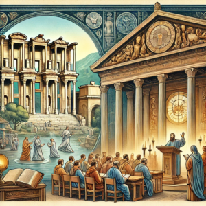 An artistic representation of the ancient city of Ephesus, featuring the Temple of Artemis and a lively church service in the foreground. The image symbolizes the "Working Church" described in Revelation, highlighting the fervent dedication and perseverance of early Christians. It captures the essence of Ephesus as a religious and commercial hub, reflecting the themes of biblical prophecy and community in faith. The scene emphasizes the importance of good deeds and the unwavering commitment of the Church as it endures hardships in devotion to Jesus.